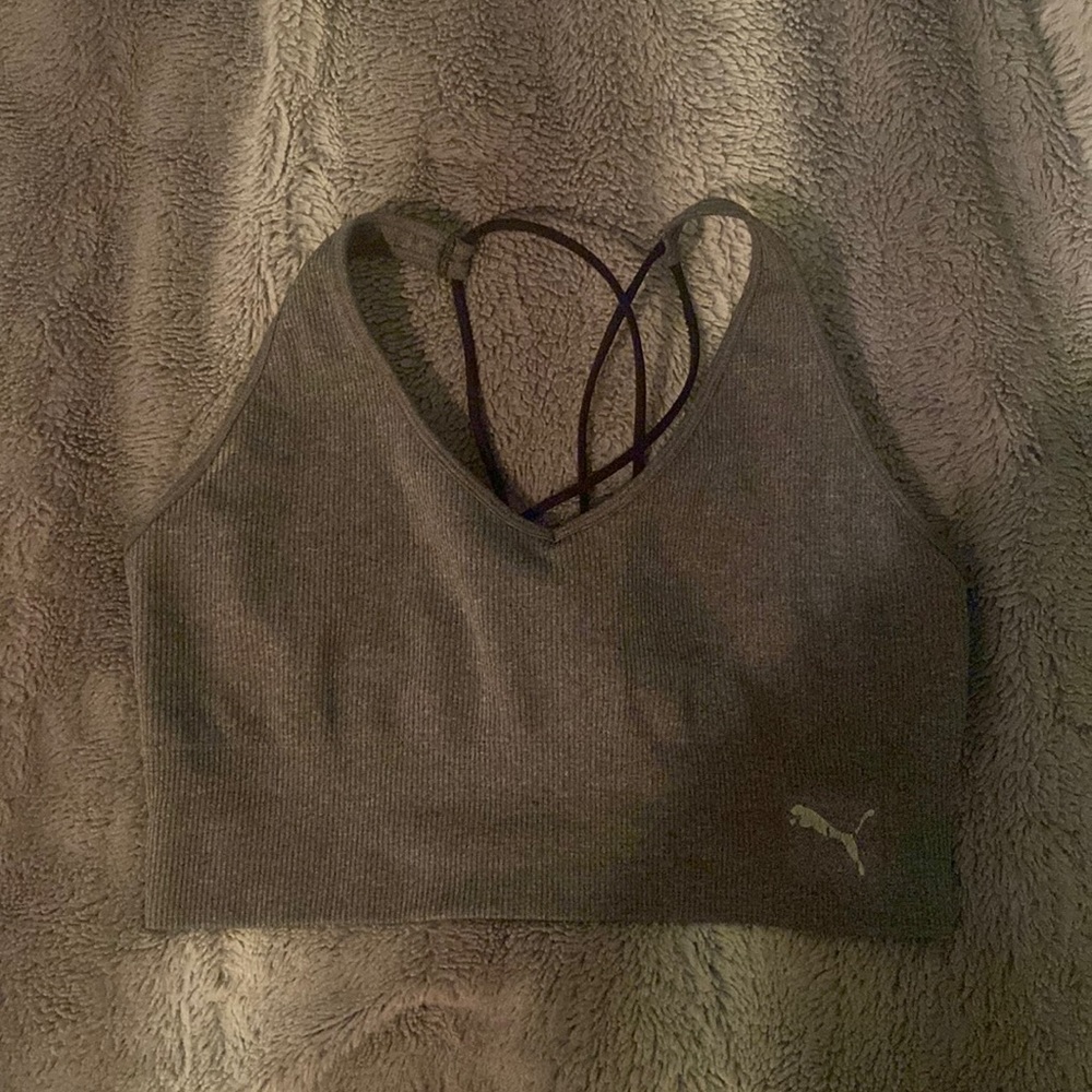 Puma sports bra, Grey, Black straps, Lightly worn, No padding.